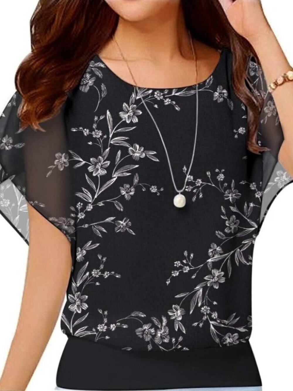Chiffon Casual Tops for Women Ruffle Short Sleeve T Shirt Loose Blouse Top